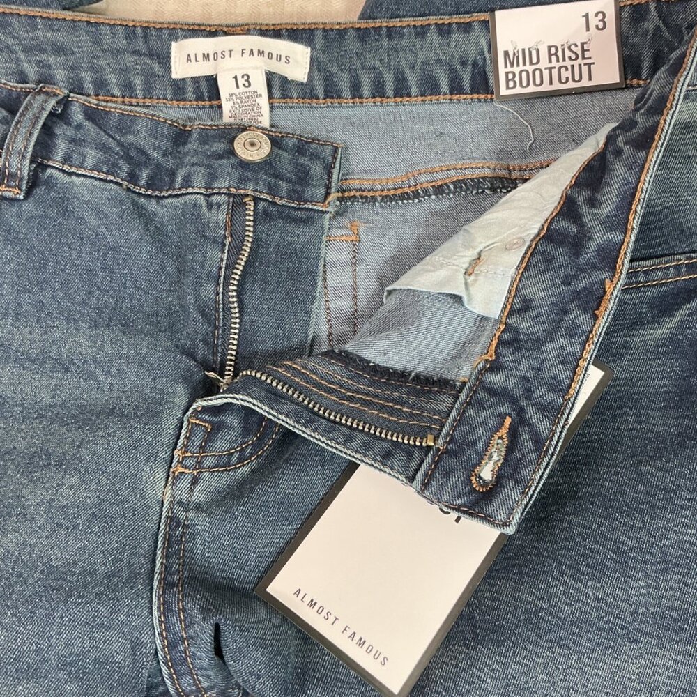 Almost Famous Womens Size 13 Blue Mid-Rise Bootcut Jeans Denim Distressed Look - Picture 4 of 11